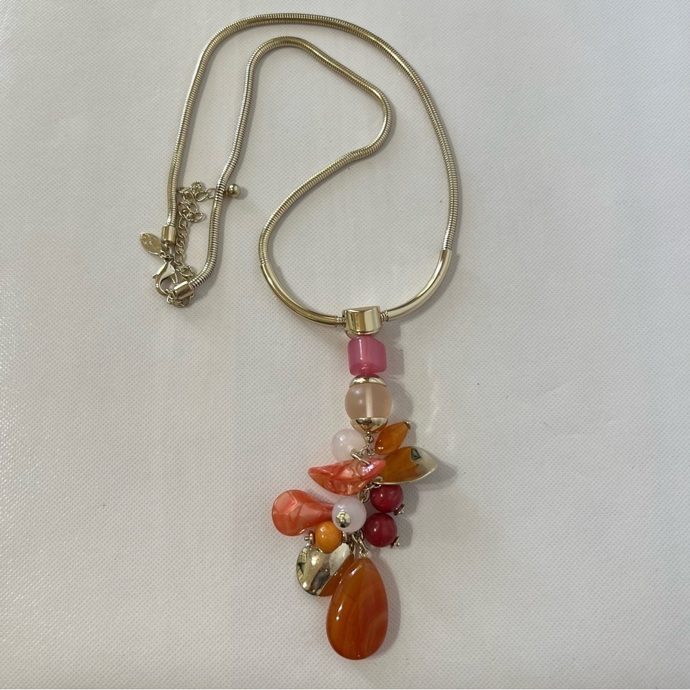 Chico’s Long Statement Necklace Orange Pink Gold